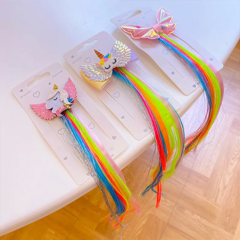 

Girls Wigs Unicorn Bows Hair Colorful Braided Ponytail Women Elastic Hair Band Rubber Band Hair Accessories Wig Headband