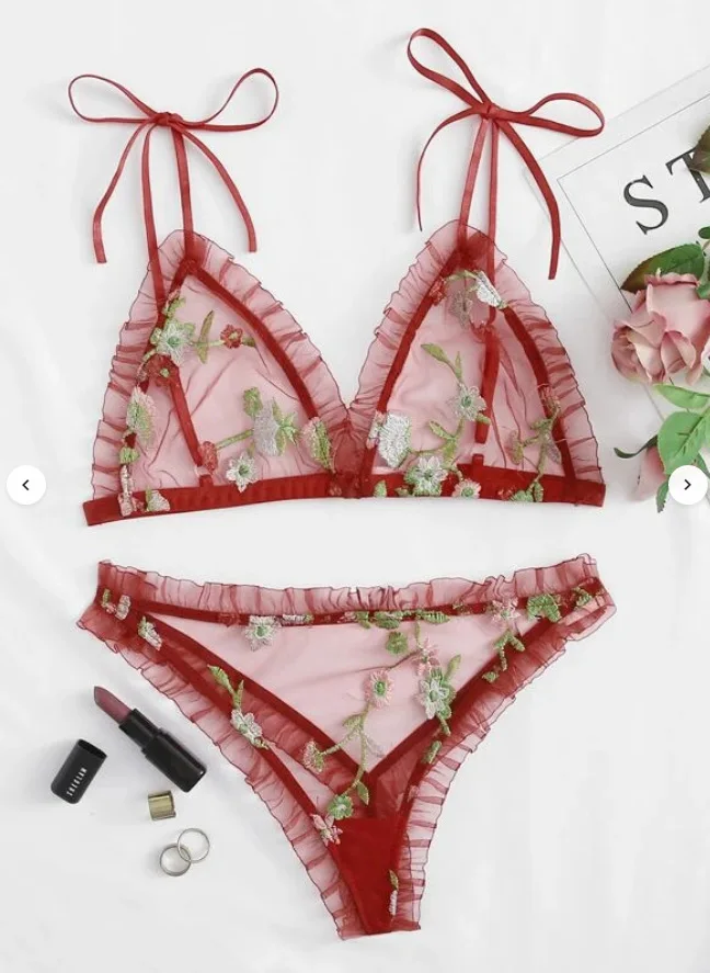 

Fashion bra set Women's sexy Embroidery lingerie Wire free transparent lingerie Embroidered Mesh Sheer Lingerie Set Cover Up