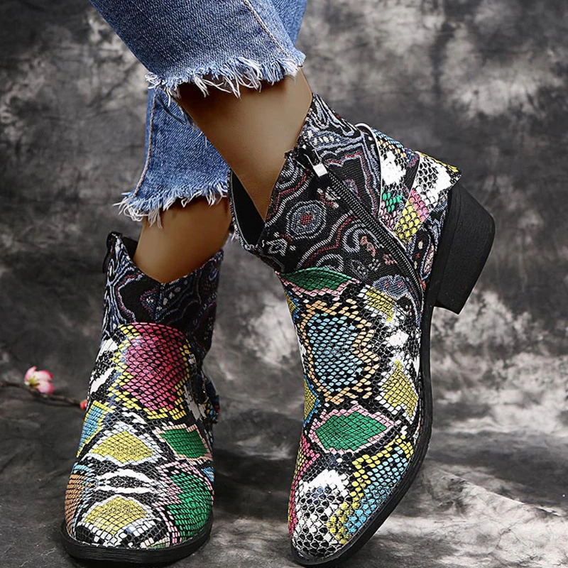 Winter Boots For Women ankle boots popular Retro Green snake pattern mixed colors flat wedge shoes Casual Rubber boots socofy