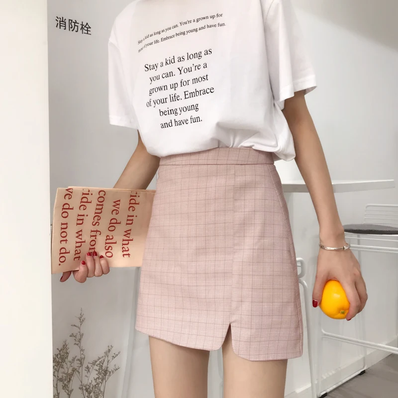 Юбки Женские повседневные тонкие розовые клетчатые юбки Kawaii с высокой талией Мини женские s корейский стиль Женский брелок для ключей в стиле ретро универсальные простые