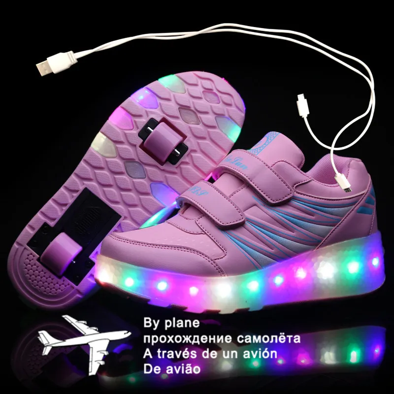 

Size 27-43 Roller Sneakers for Kids Boys LED Light Up Shoes with Double Wheels USB Charging Skate Shoes for Children Boys Girls