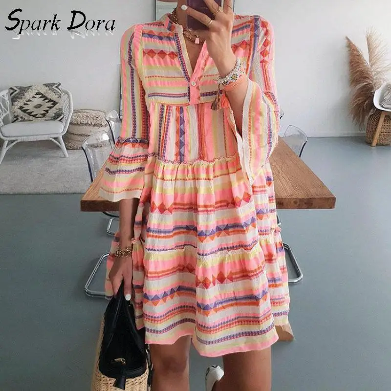 

Free Shipping Summer Fashion Streetwear Elegant Dress Geometric Printing Multi Color Dress Women Comfort Vestidos