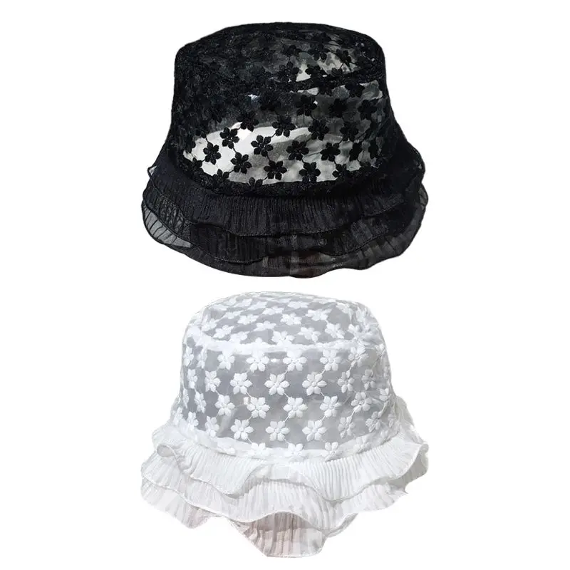 

Панама женская кружевная с многослойными оборками и цветочной вышивкой