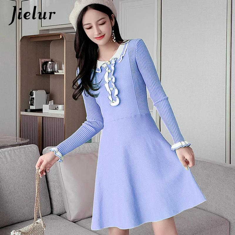 Jielur 2020 зимние вязаные женские платья с воротником Питер Пэн модные черные синие