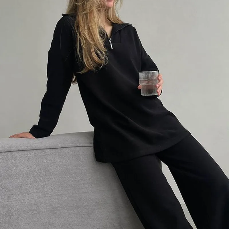 Women Elegant Two Piece Set Polo Collar Long Sleeve Hoodies Fashion High Waist Straight Trouser Suit Loose Warm Waffle Tracksuit |