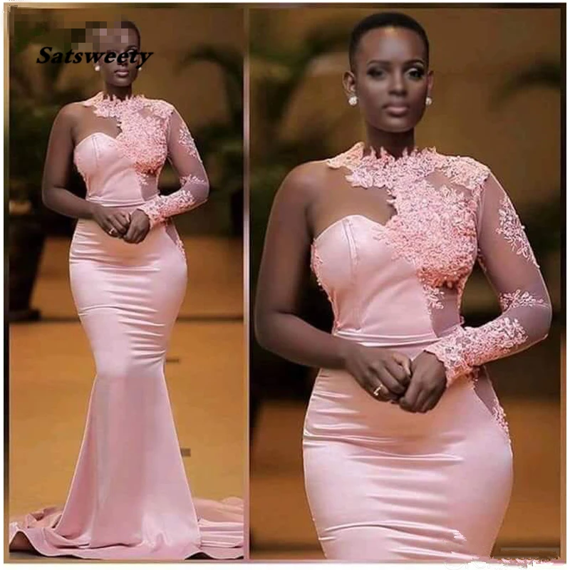 Розовые вечерние платья 2021 аппликация на одном плече кружева Дубай Саудовская