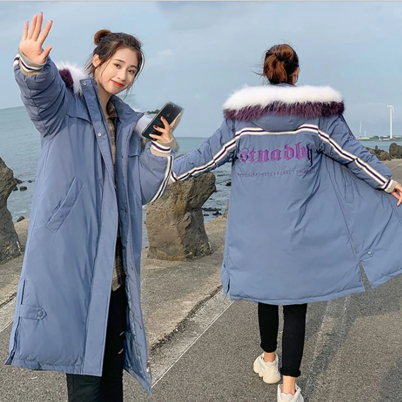 

New Style Fashion Female Winter Jackets Big Collar Leisure Cotton Clothes Warm Thick Loose Coats White Blue Womens Long Clothing