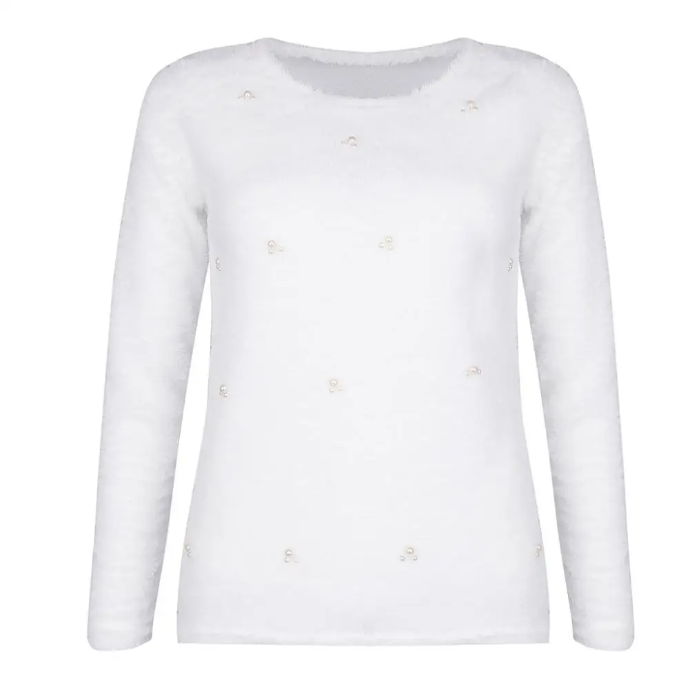 

Winter Women Fashion Faux Pearl Beading Solid Color Plush Long Sleeve Pullover