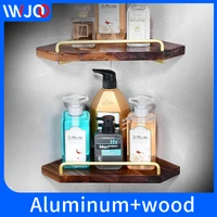 bathroom walnut wood corner shelf waterproof screw free installation gold triangle double shelfs shower shampoo holder