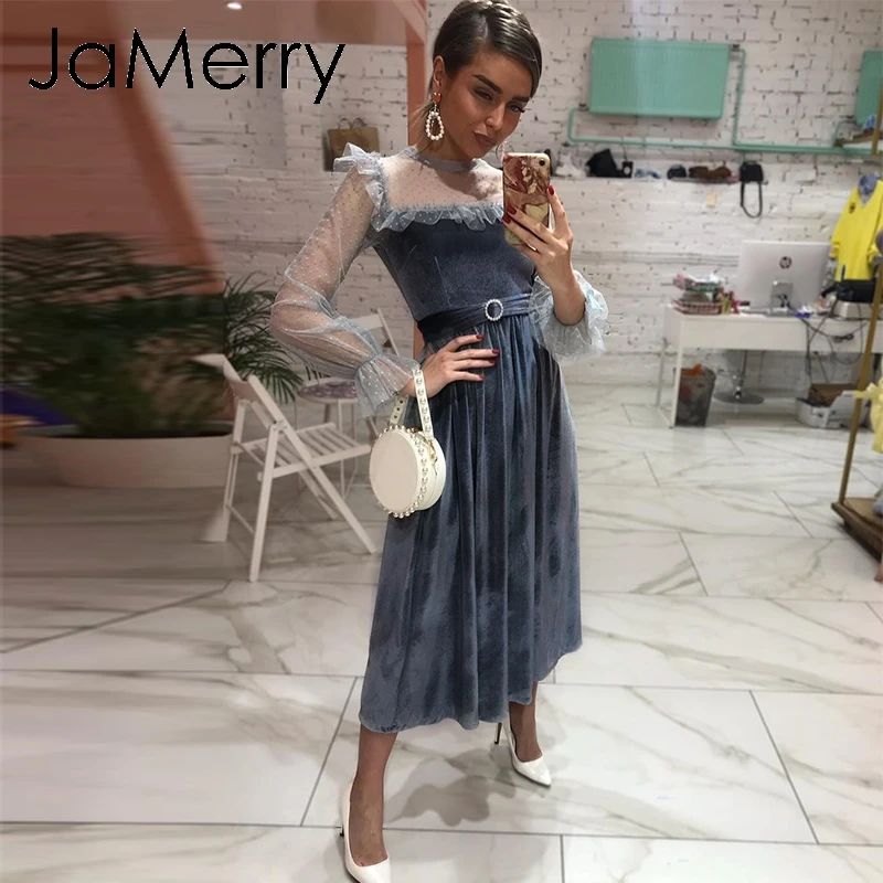 JaMerry винтажное Женское Платье макси с высокой талией оборками пышными рукавами