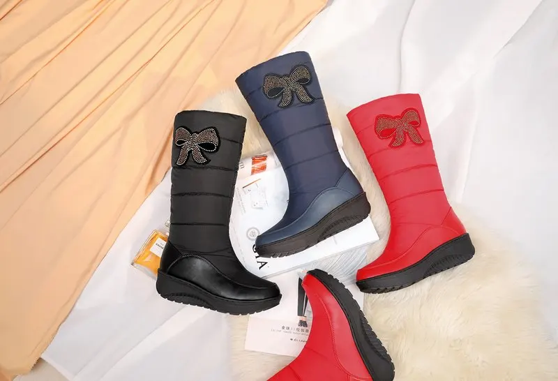 ASUMER/Большие Размеры 35-44 и выше, стразы, Элегантные Зимние сапожки с бантом, Зимние ботинки женская обувь на толстой подошве; ботинки на платформе до середины икры женские ботинки на меху туфли из хлопка
