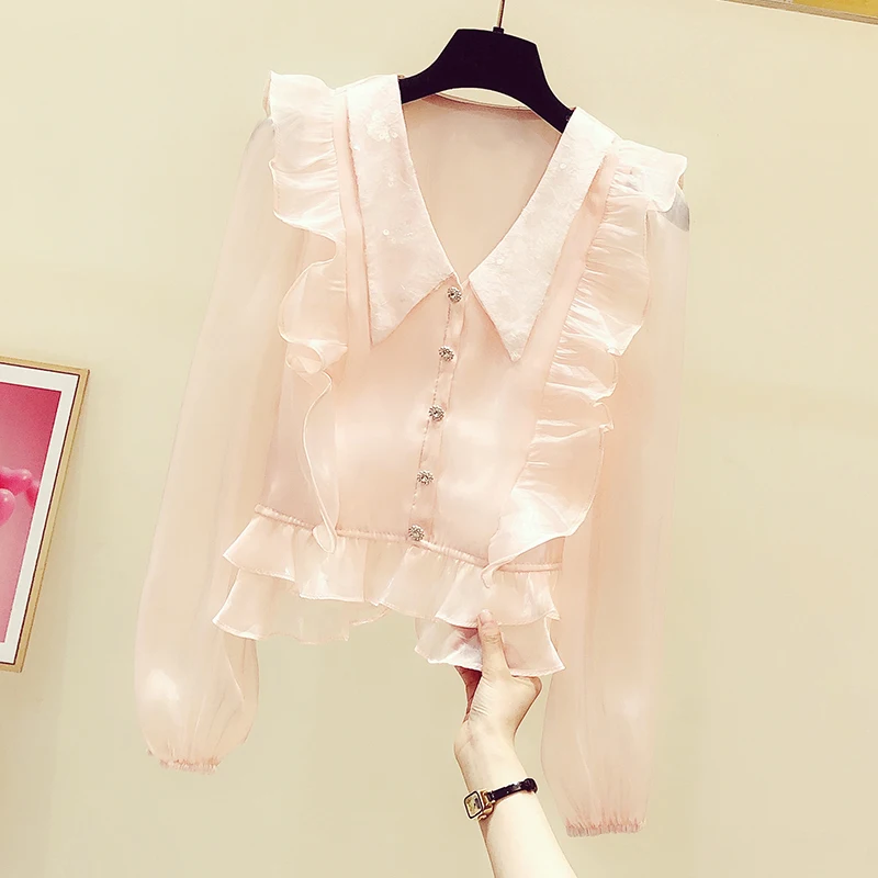 

Женская шифоновая блузка с оборками, элегантная розовая блузка с отложным воротником, длинным рукавом и пряжкой, весна 2021
