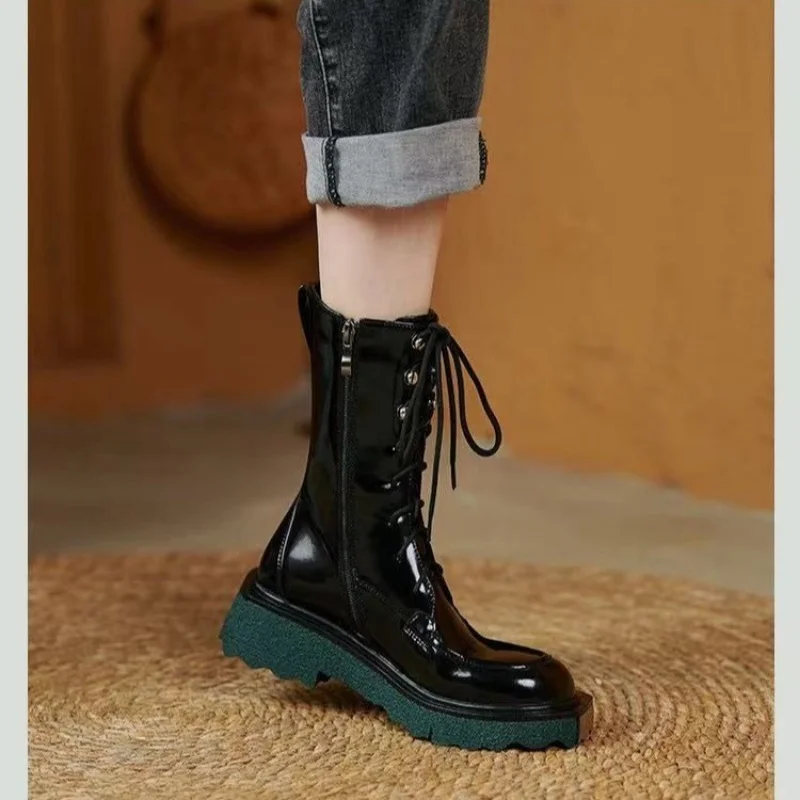 

Motorcycle Boots Patent Leather Women Short Boots Keep Warm Thick Bottom Middle Tube Laceup Motorcycle Boots Round Shape Boots