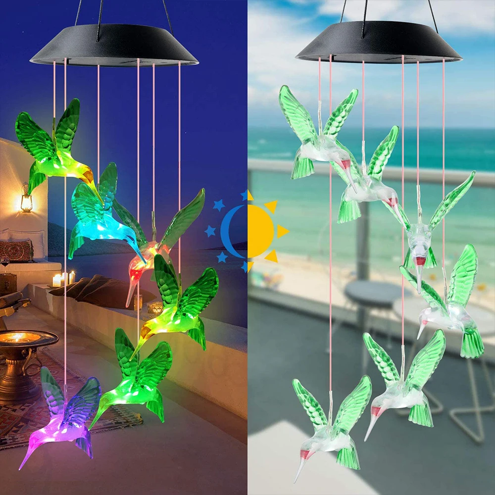 

Solar Wind Chimes LED String Light Hummingbird Wind Chime Color Changing Hanging Light Outdoor Waterproof Decoration for Garden