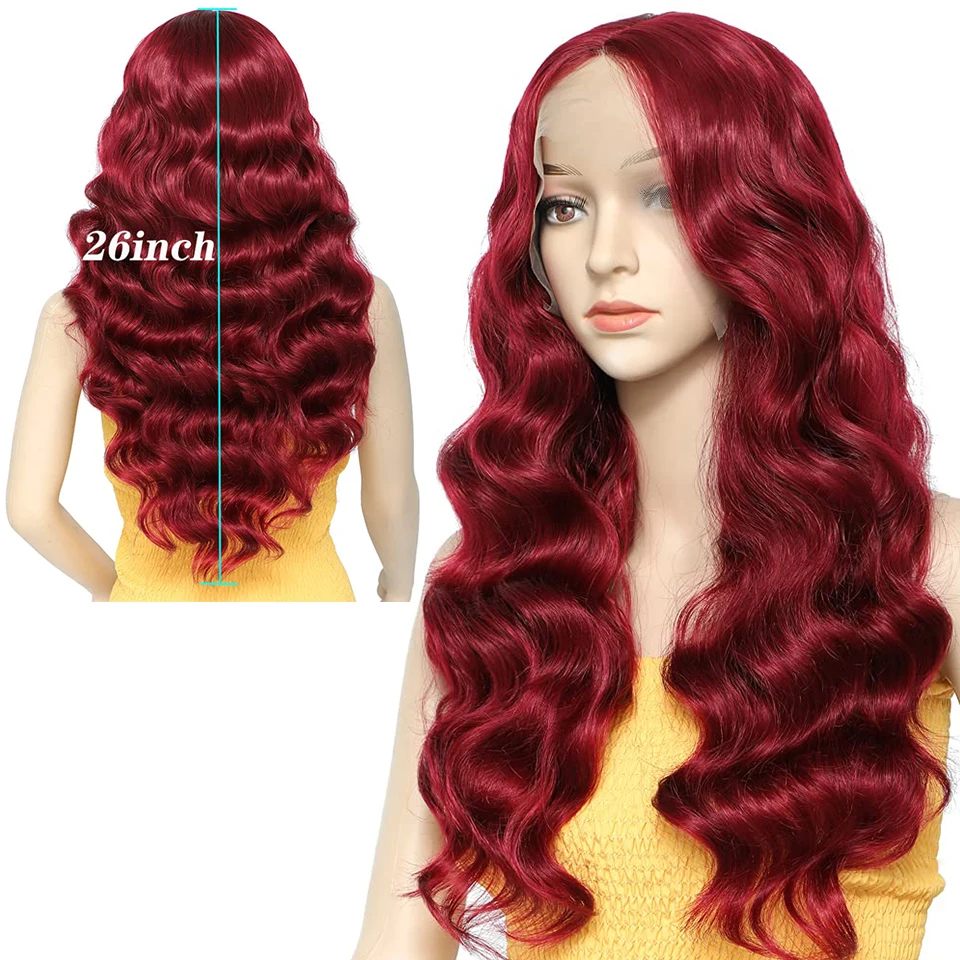 

Lace Front Wigs Burgundy Wig 26 inch Long Wavy Curly Blend Lace Front Wigs for Black Women Middle Parting Synthetic Heat Resista