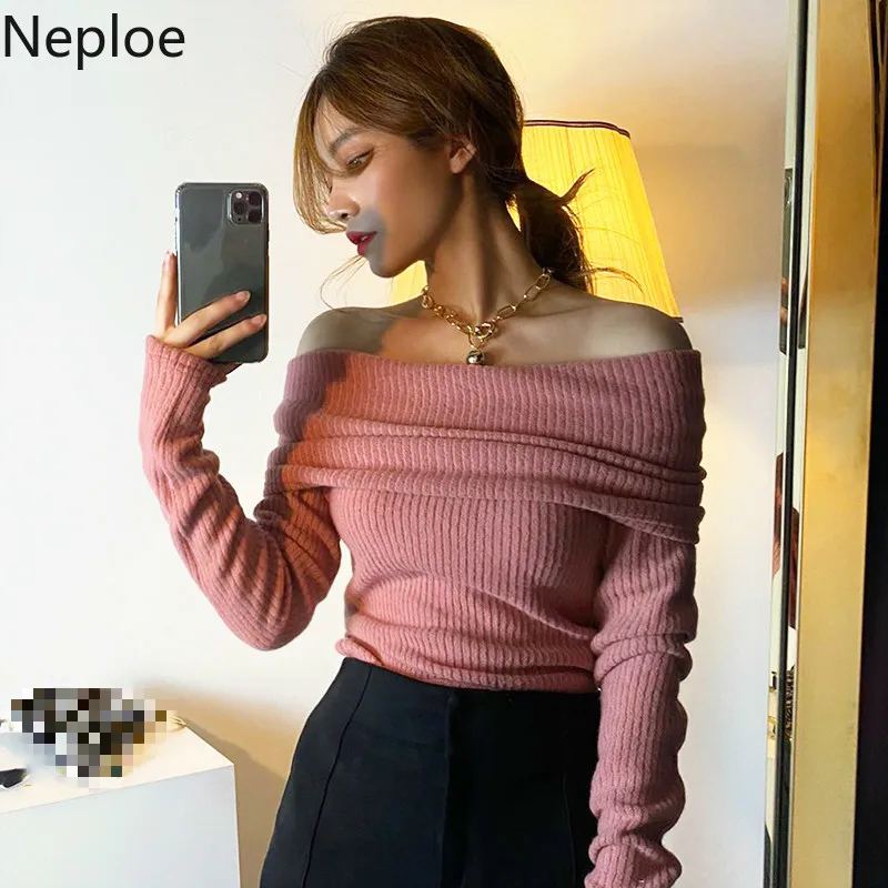 Neploe корейский шикарный вязаный свитер с вырезом лодочкой и открытыми плечами