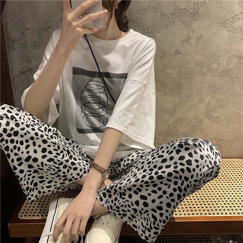 

2021 Spring Summer New Women's Pants Two Piece Set Leopard Print High Waist Baggy Fashion Straight Casual Pants Wide Leg Trouser