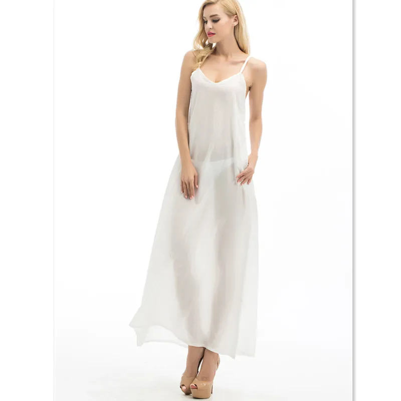 Женское шифоновое платье на бретельках белое повседневное Длинное свободное в