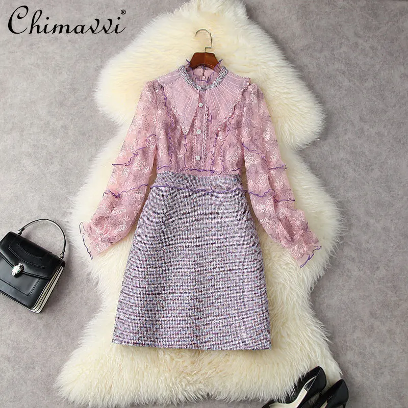 

Женское платье с рукавами-фонариками, элегантное приталенное платье из твида с кружевом и высокой талией, Осень-зима 2021