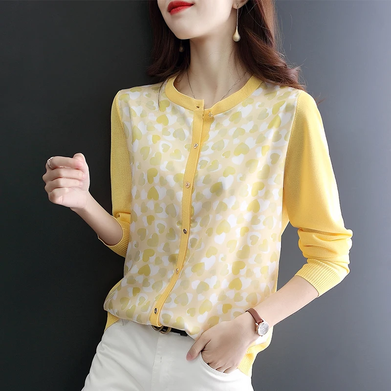 

Printed knitted long-sleeved stitched knitted cardigan women 2021 spring new satin top thin love chiffon shirt