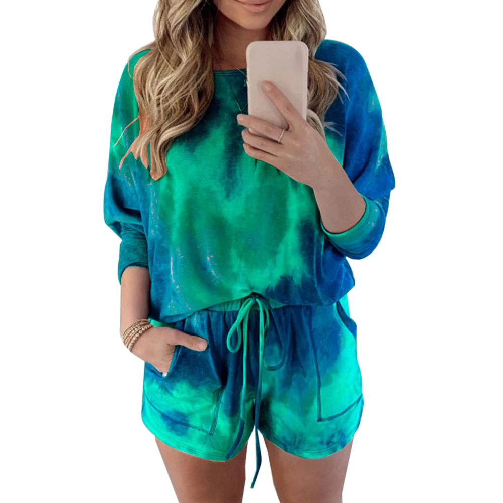 

Tie Dye Printed Women Clothing Set Two Piece Long Sleeve Blouses + Shorts Ladies Outfits Fashion Casual Female Clothes Set