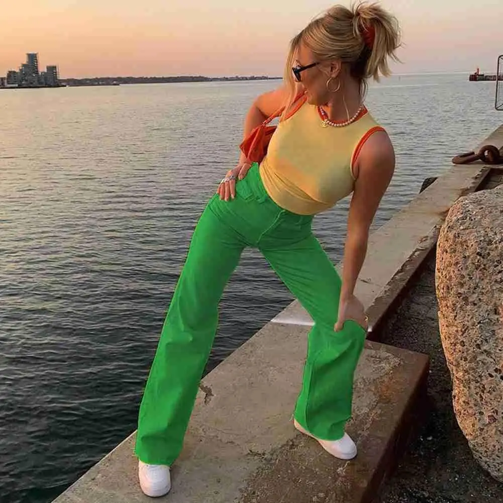 

2021 Women Color High Waist Wide Leg Pants Jeans Loose Summer Bottoms Fashion Vintage Clothes Quality Streetwear Trousers C B8P8
