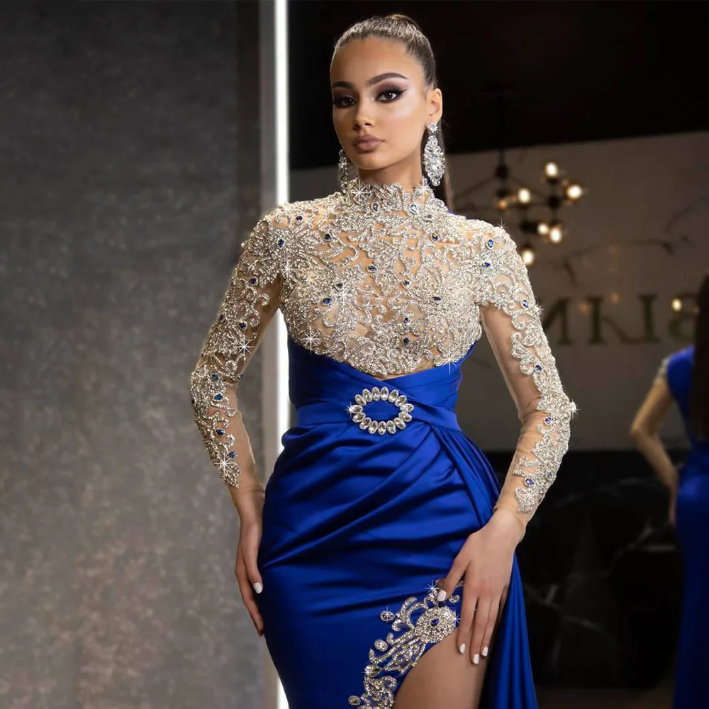 

Weilinsha Luxury Satin crystal Side Slit Evening Dress High Collar Pleats Full Sleeve Sweep Train Special Occasion Gowns