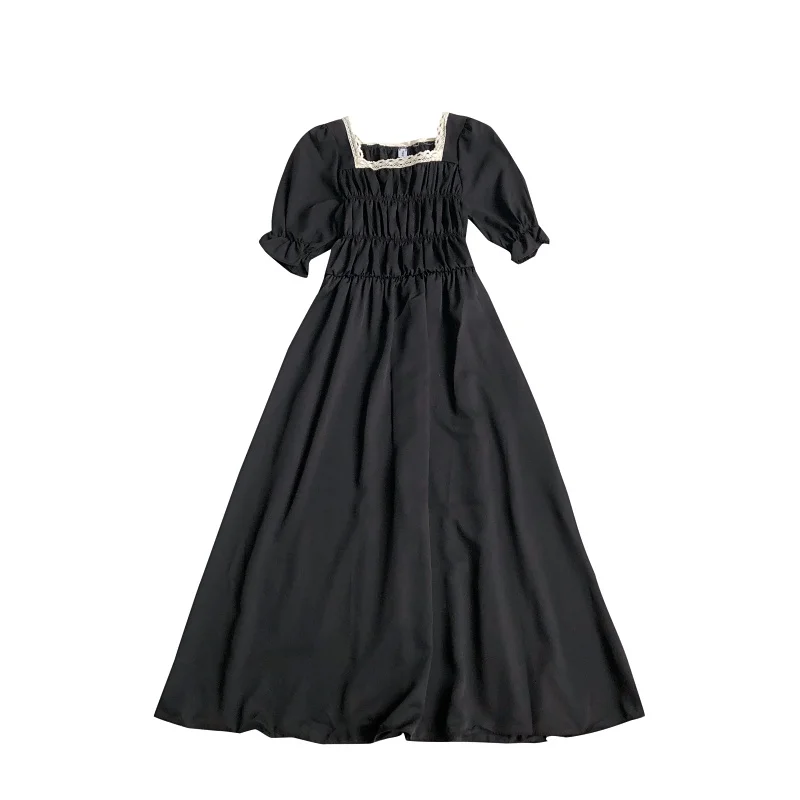 

Kimutomo Elegant Vintage Dresses Women 2021 Summer New Lace Side Square Collar Short Sleeve High Waist Solid Vestido Feminino