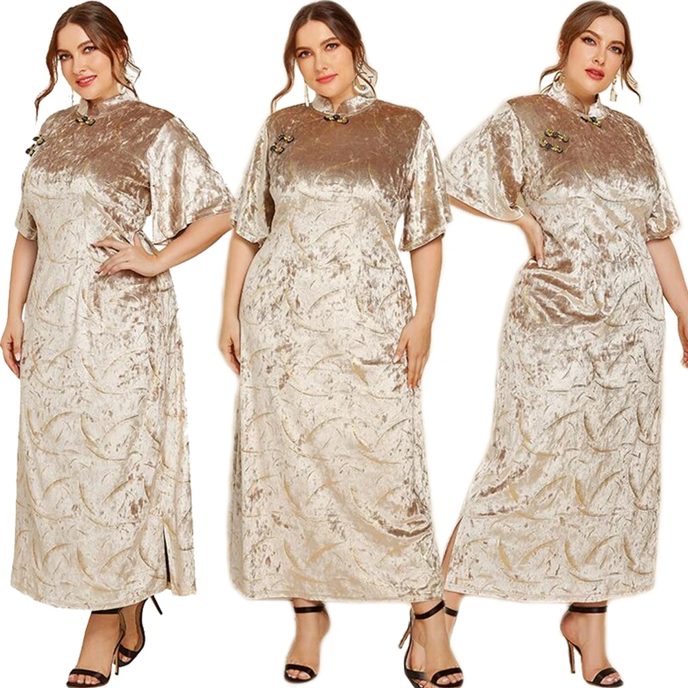 Женское винтажное бархатное платье-Ципао с вышивкой и коротким рукавом