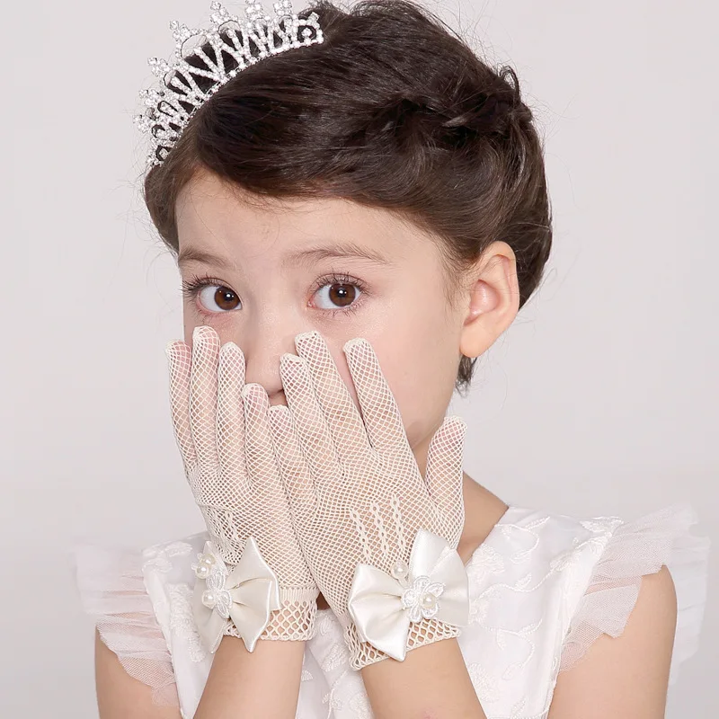 Lace-studded children's wedding flower girl dress gloves fingerless girls show dance gloves decoration