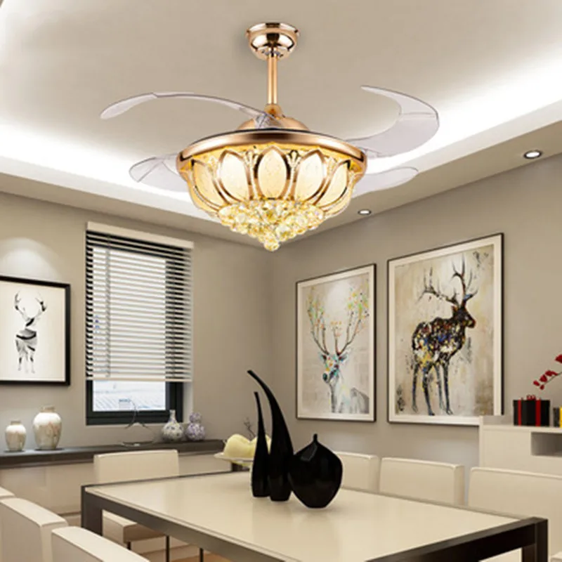 

IKVVT European-style Fans Ceiling Light Luxury LED Crystal Invisible Fans Light for Living Dining Bedroom with Remote Control