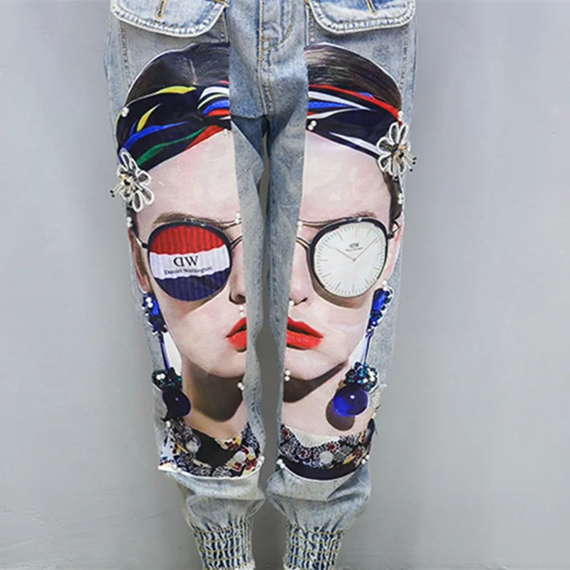 

Women for Denim 2021 Overalls Spring Autumn Cartoon Character Print Hole Jeans Women's Jumpsuits Loose Casual Denim Pants