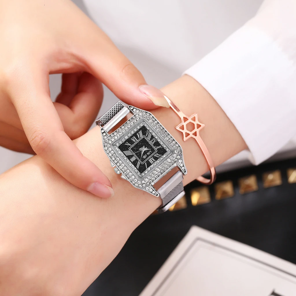 Women Magnet Buckle Square Case Shape Diamond Watch Luxury Ladies Stainless Steel Belt Quartz Watches Gift Clock