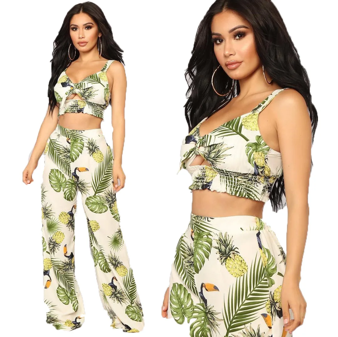 

Women Fashion 2-piece Outfit Set Sleeveless Print Tops+Pants Set for Shopping Daily Wear
