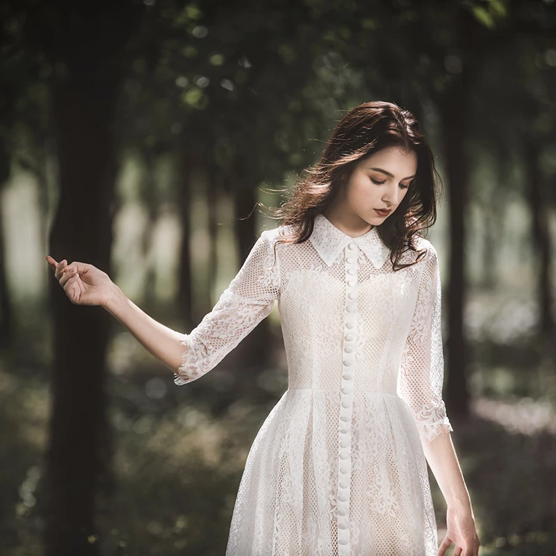 Elegant Lace Wedding Dresses Queen Abby A-line High Neck 3/4 Sleeves Tea-length Zipper-up Bridal Gowns For Plus size |