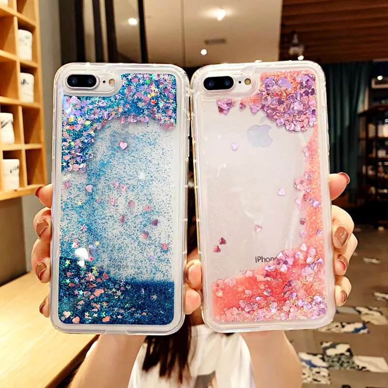 Розовый Блестящий чехол для телефона с сердечками Oneplus 7T 7pro жидким зыбучим песком