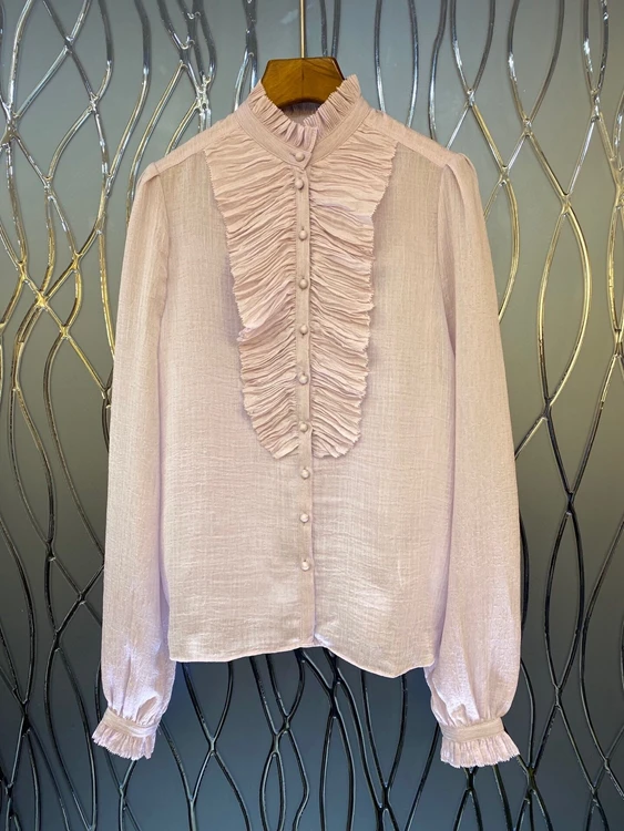 

2021 spring new women's fashion pleated stitching button decoration solid color long-sleeved all-match blouse 228