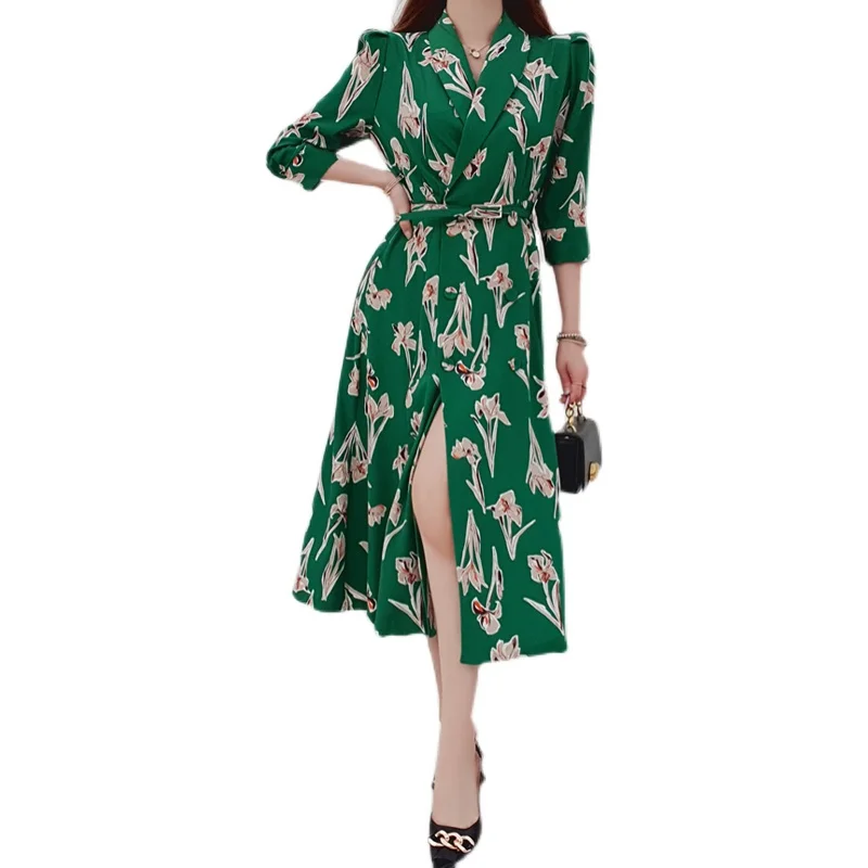 

COIGARSAM Fashion Half Sleeve Women dress New Summer Print Notched Double Breasted High Waist Dresses Send Green Belt 0156