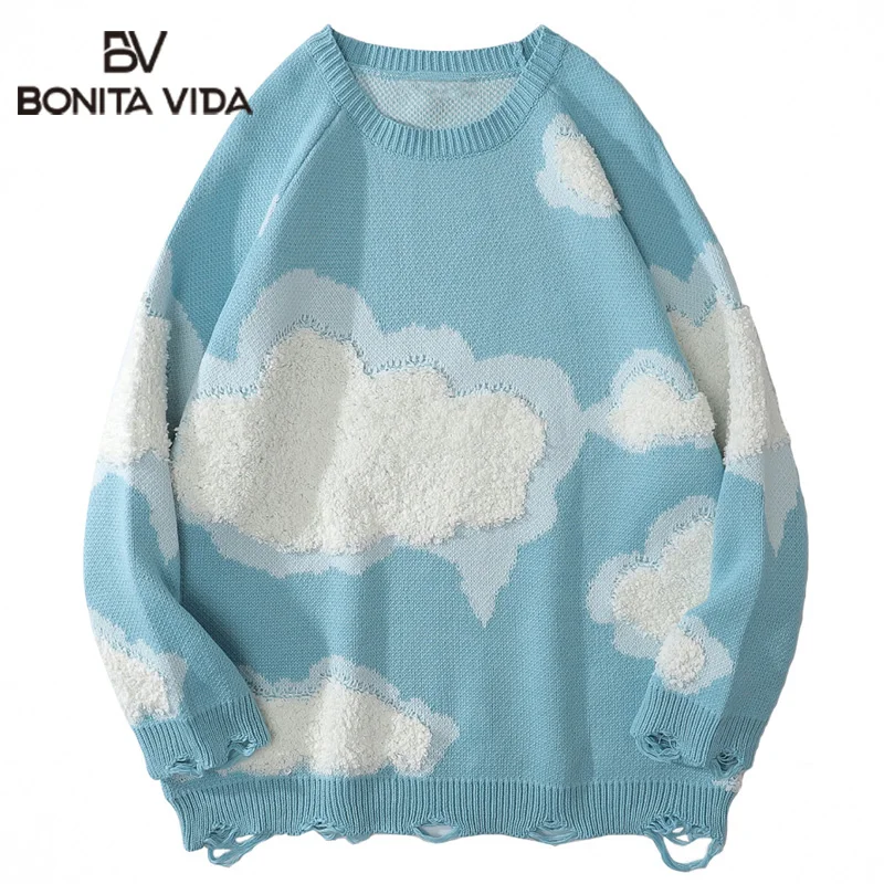 

Винтажный свитер в стиле хип-хоп для мужчин, Осенний кавайный Свободный пуловер в Корейском стиле с рваными облаками и дырками, повседневны...