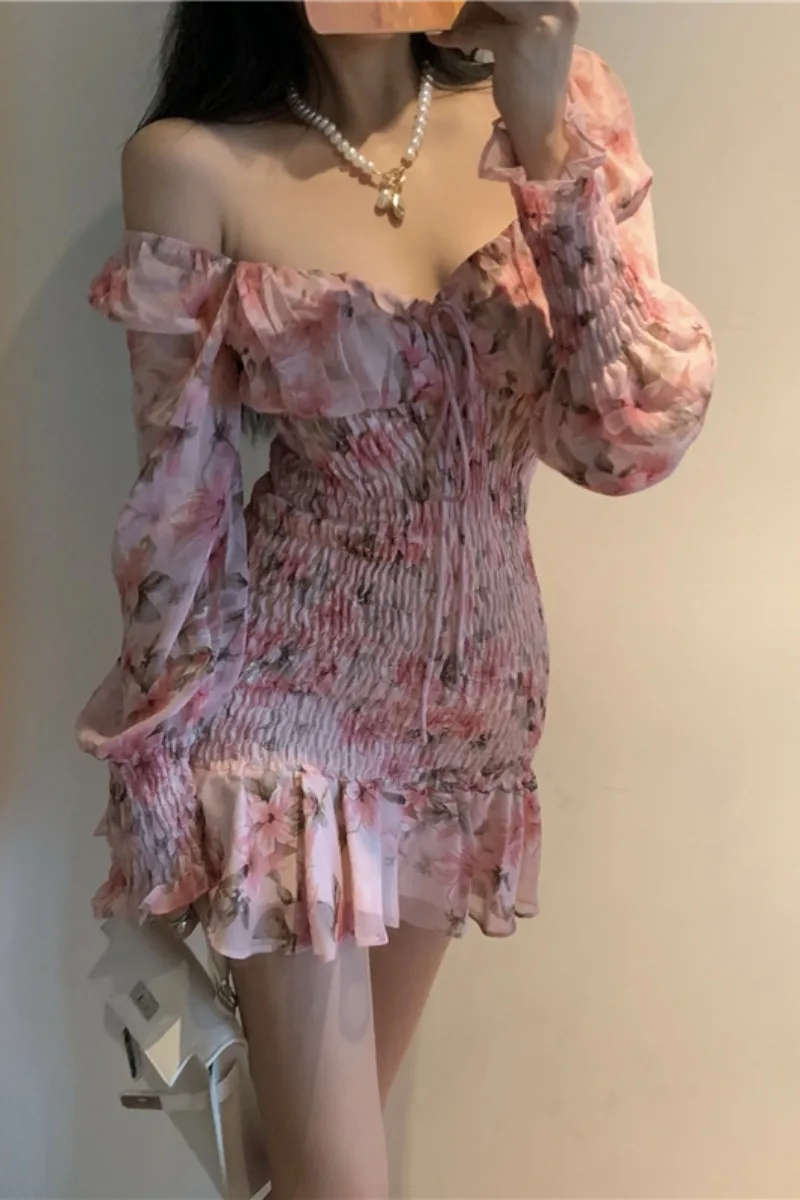 

Dresses for Women Summer Spring Floral Dress Long Sleeve V-neck Lotus Leaf Mori Girl Ins Sheath Fishtail Skirt Bodycon dress