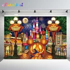 Фон для фотостудии Хэллоуин время вечерние НКА тыква фонари сказочный замок луна ночь фейерверк Карнавал Праздник