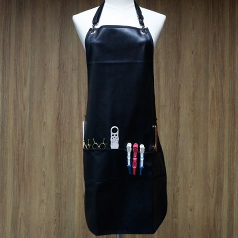 

Black Professional Barber Apron with Pockets Leather Waterproof PU Hairdressing Apron Cape Cutting Hair Cape for Barber