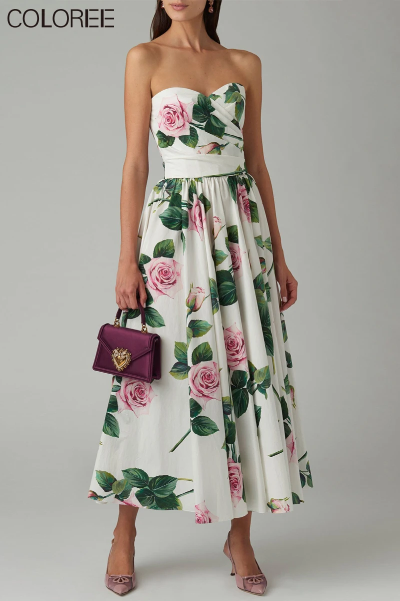 

Sexy Strapless Floral Printed Midi Dresses For Women Summer 2020 Runway Designer Draped Elegant Party Dress Female