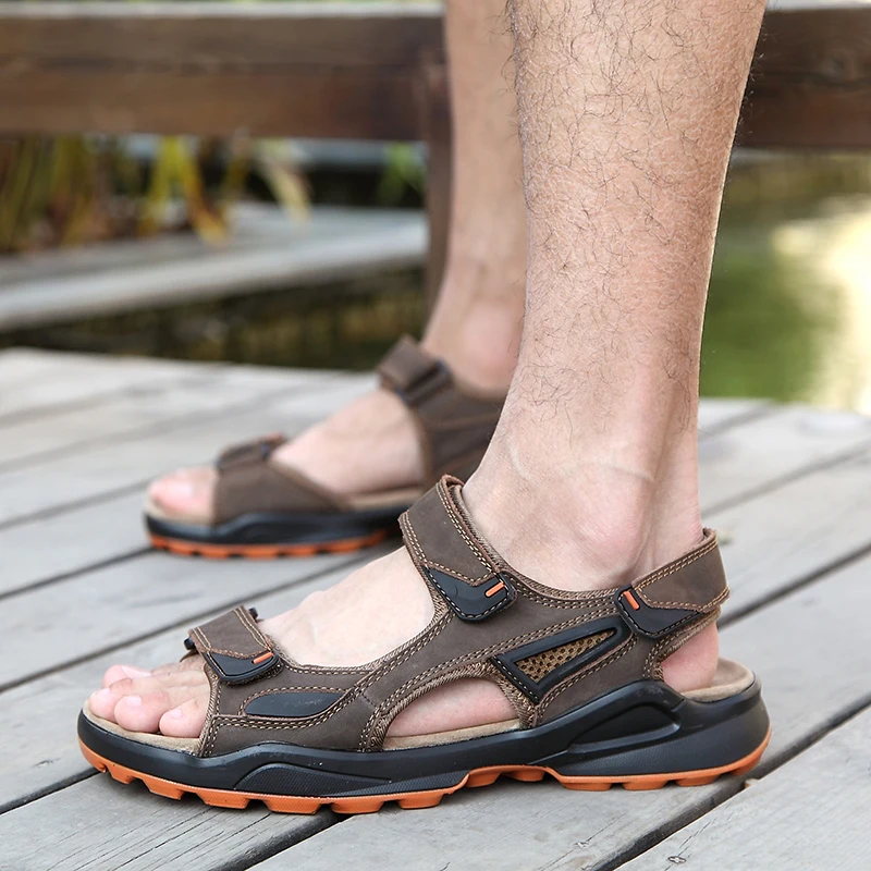 

Fashion Men Sandals outdoor Summer Hollow Soft Bottom Beach genuine leather Slippers On-slip Flip Flops Male Sandals Water Shoes