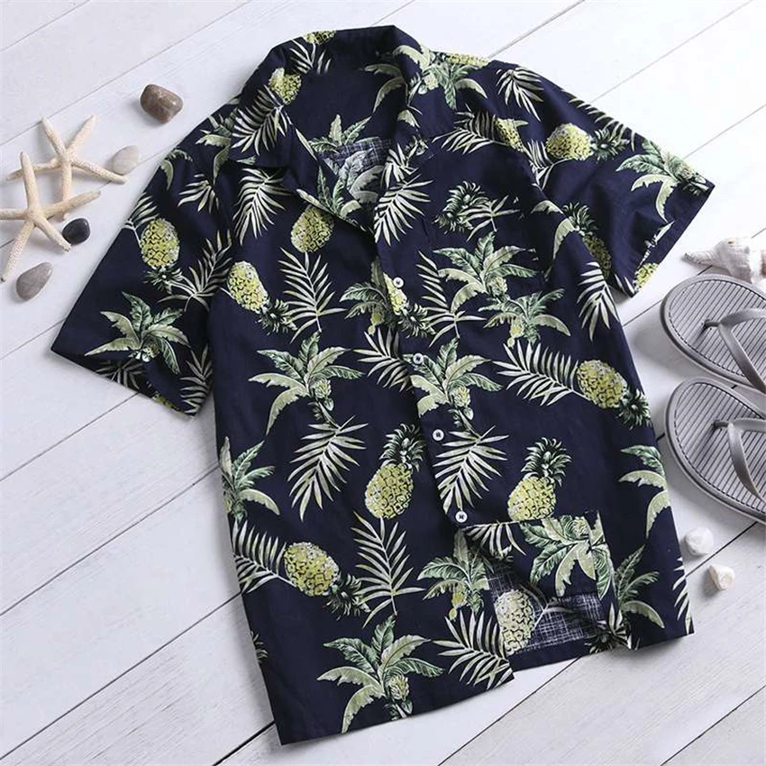 Summer Man Shirt Short Sleeve Men Pineapple Print Shirts 2020 New Top Stand Collar Cotton Loose Hawaiian | Мужская одежда
