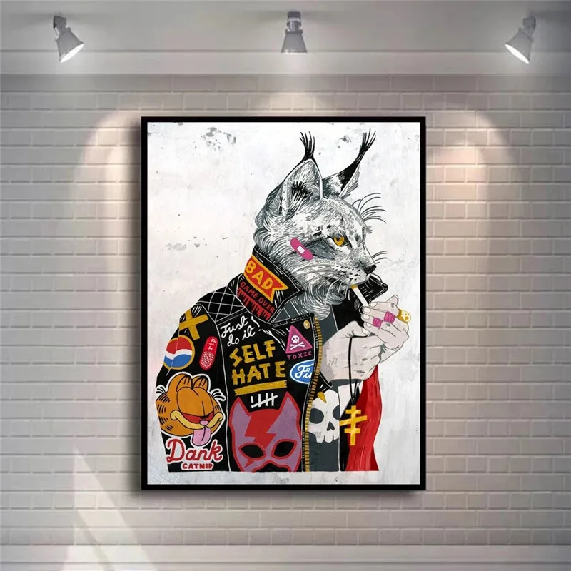 

Animal Graffiti Art Smoking Cat Canvas Oil Paintings Wall Art Posters and Prints Wall Pictures for Living Room Home Wall Decor