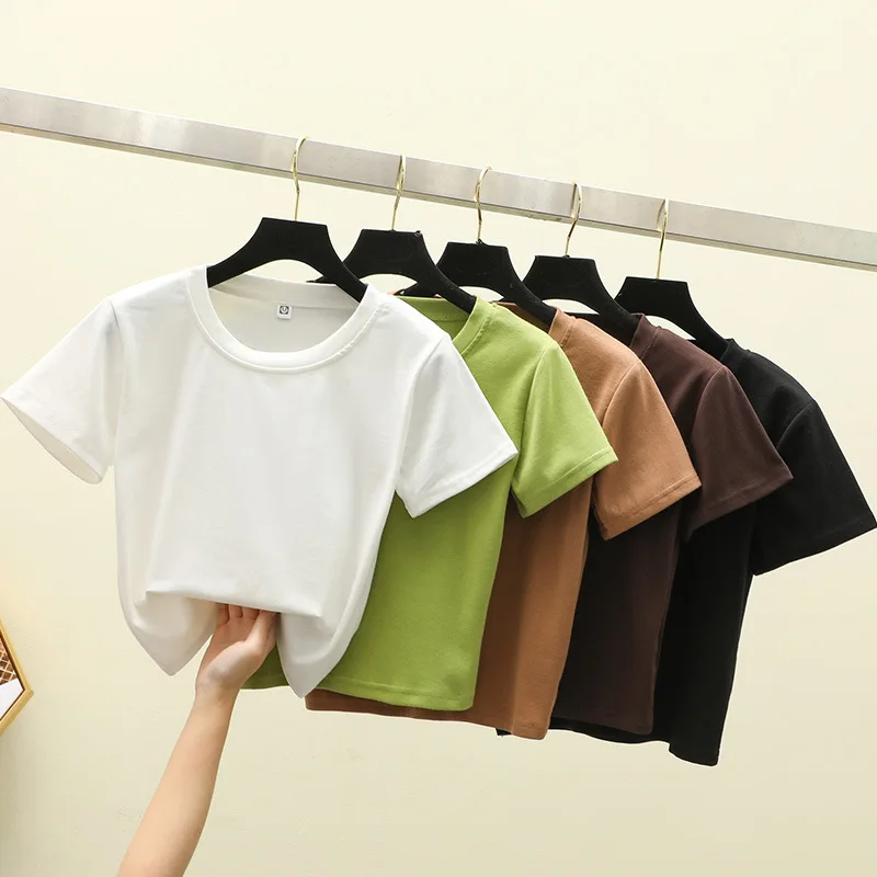 

Basic Crop Top T-shirt Women Clothes Summer O-Neck Short-sleeved Pullover Cotton Harajuku Cropped Mujer Slim T Shirt Female Tees