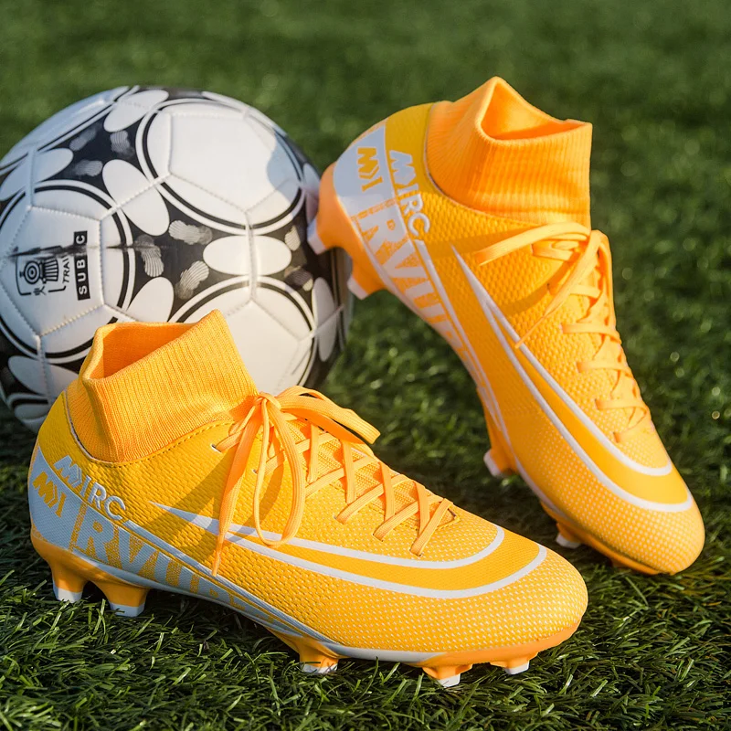 

Hot Professional Field Soccer Shoes Men Turf Training Shoes Football Cleats Yellow Man High Top Soccer Sneakers chuteira futebol