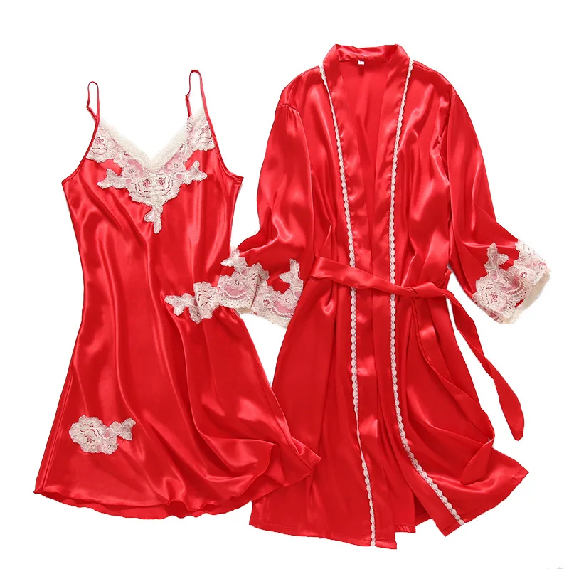 

2PCS Robe Set Women Sexy Lace Nightwear Sleepwear Casual Home Clothing Sleep Set Satin Kimono Bathrobe Gown Intimate Lingerie