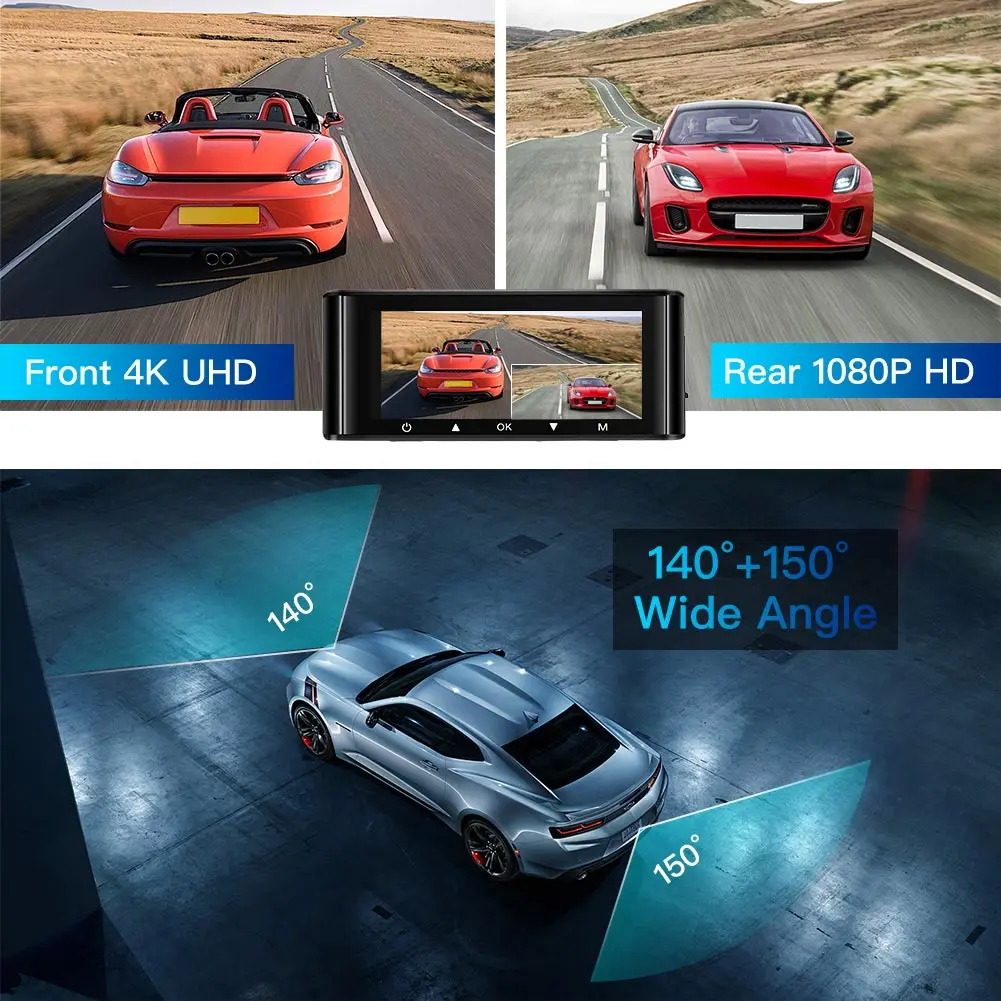 Автомобильный видеорегистратор W4K с углом обзора 150 ° 4K HD Wi Fi 1080P двойной GPS